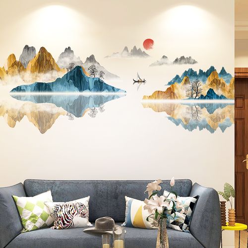 3d立体中国风山水画客厅电视背景墙面壁纸装饰墙贴纸贴画墙纸自粘