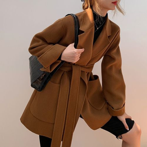 短款浴袍系带双面呢外套时尚百搭羊毛毛呢大衣