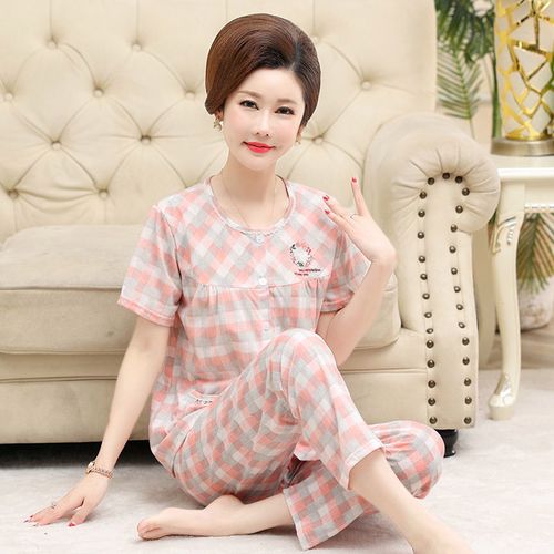 睡衣短袖长裤女夏天纯棉薄款套装中老年女款夏妈妈夏款家居服40岁