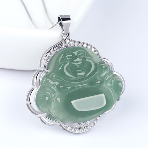 【伊梦娇】天然缅甸a货翡翠油青佛公弥勒佛吊坠925银银镶项链冰种玉石