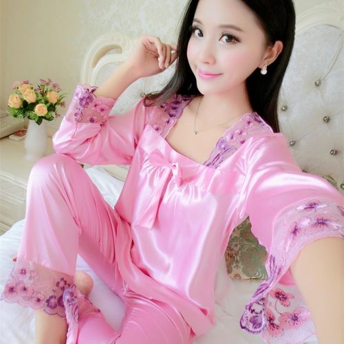 春秋季长袖真丝睡衣女士韩版睡衣纯棉女士真丝丝绸家居服大码套装