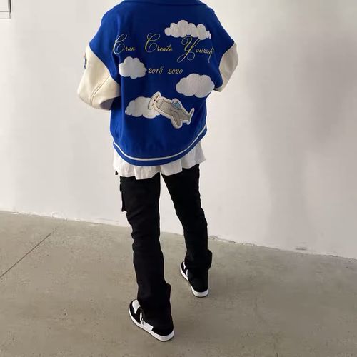 ccy crunchy 20aw 蓝天白云飞机毛呢棒球服夹克外套 宽松夹棉加厚