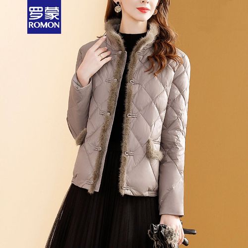 罗蒙官方轻奢高档时尚轻薄羽绒服女冬季2021新款气质保暖白鸭绒复古