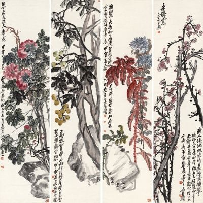吴昌硕春夏秋冬四条屏国画花鸟写意艺术微喷宣纸复制