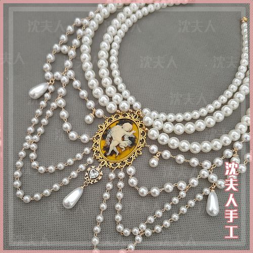 [沈夫人]原创lolita多层珍珠项链复古洛可可天使浮雕美人头茶会