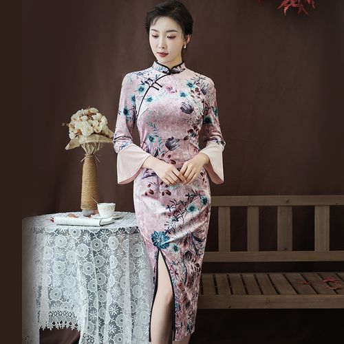 雀之恋2022年春装旗袍丝绒中国风改良版旗袍优雅七分袖修身长款