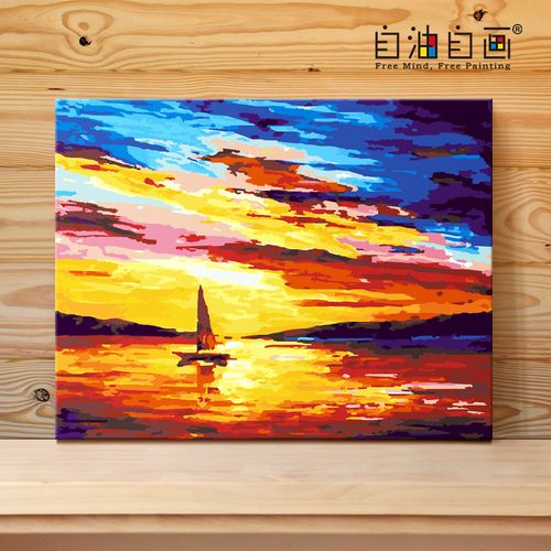 自油自画数字油画diy油彩画手绘丙烯加压填色画夕阳风景 水天一色