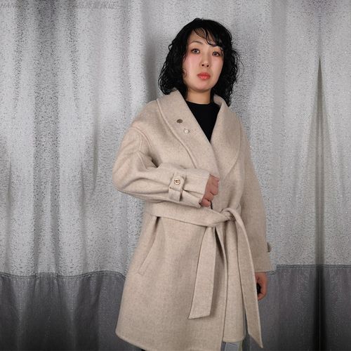 100羊毛大衣莱茨林芮格835285998双面羊绒米冬新女中长青果领睡袍