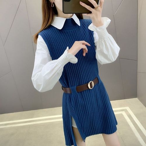 毛衣女新款春秋宽松慵懒中长款外穿百搭针织衬衫马甲两件套套装女