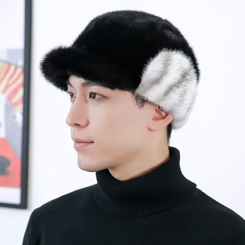 冬季水貂毛皮草帽子男款保暖护耳加厚中老年真皮貂皮棒球鸭舌帽