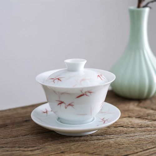 景德镇功夫茶具盖碗茶杯陶瓷釉下手绘泡茶碗大号甜白瓷敬茶碗竹影
