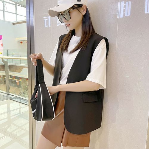 女春秋薄款时尚洋气韩版无袖大码女士坎肩西装马夹外套潮 黑色马甲 m