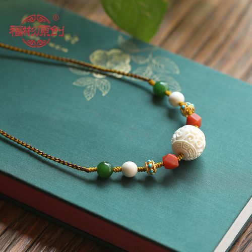 猛犸象牙项链回纹珠吊坠锁骨链女款原创设计复古民族风项链吊坠猛犸