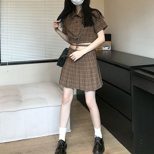 一见钟情  绑带格子衬衫套装女2022夏季新款学院风小个子减龄套装