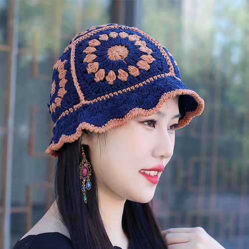 帽子针织钩花荷叶边棉线针织盆帽渔夫帽手工帽毛线帽花朵甜美帽子