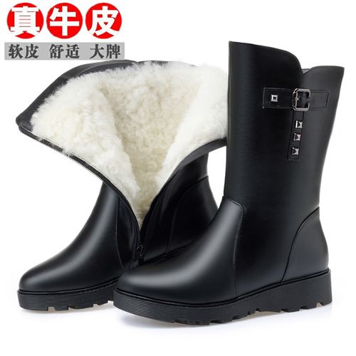 妈妈靴子女冬季意尔康平底真皮羊毛中筒靴低跟雪地靴防滑大棉皮靴