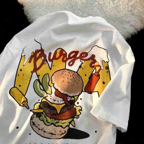 100%纯棉美式复古汉堡卡通趣味短袖t恤男女oversize小众潮牌情侣【7天