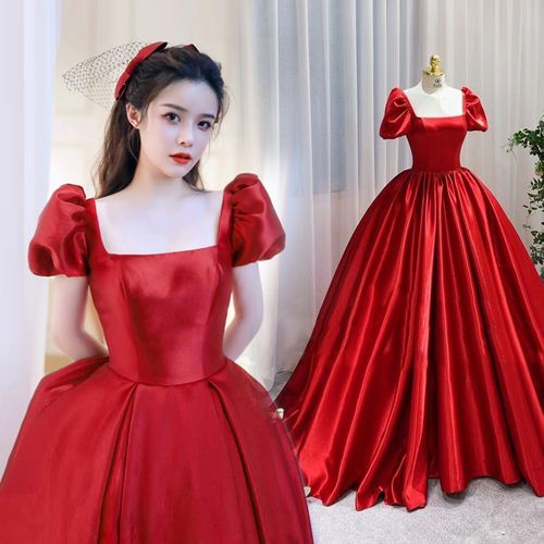 缎面敬酒服新娘红色婚纱2021大气简约舞台演出公主蓬蓬裙晚礼服女