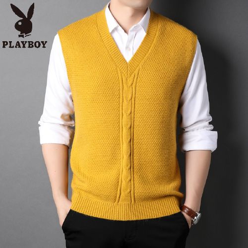 花花公子2021男士马甲秋季鸡心领背心针织衫套头无袖毛衣坎肩纯色