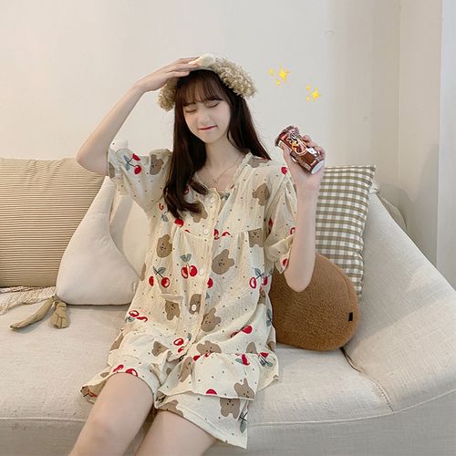睡衣女夏季甜美可爱樱桃小熊纯棉纱面料网红薄款ins风两件套装