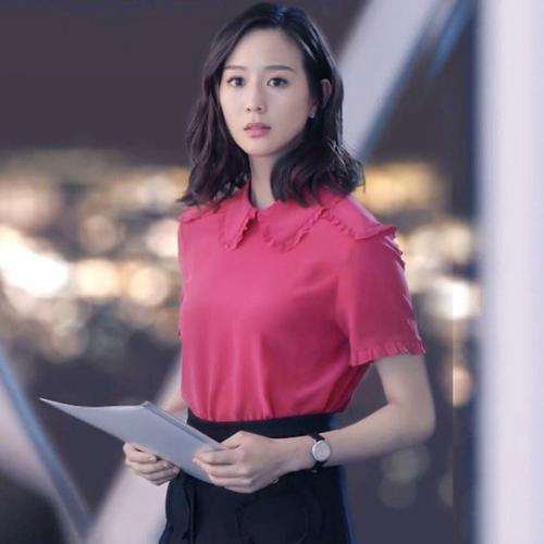 2020新款张钧甯同款玫红色衬衫雪纺木耳边上衣黑色半身裙套装女