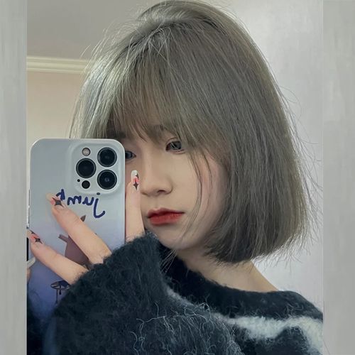 柚子假发短发女2022年新款时尚日系圆脸超酷灰色波波头自然全头套
