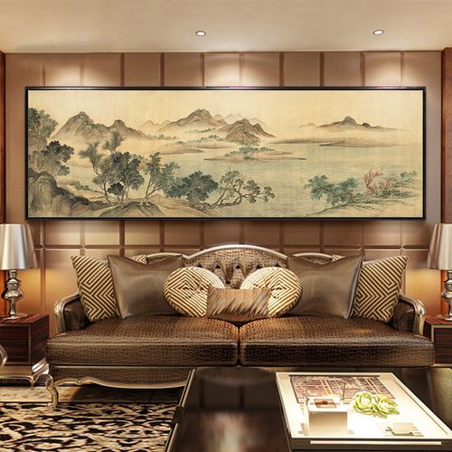 古典客厅山水装饰画沙发背景墙办公室挂画中式国画横幅壁画春暖图