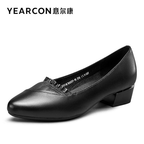 意尔康女鞋春季新款尖头真皮女鞋工装鞋粗跟一脚蹬女单鞋女鞋