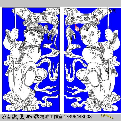 金童玉女单线雕洗平底图童子人物精雕墓碑石雕线条