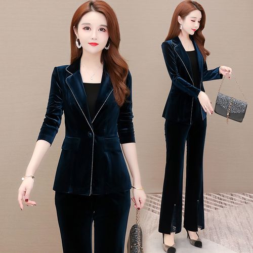 金丝绒西服套装女2021新款秋装时尚气质职业装修身西服时装两件套