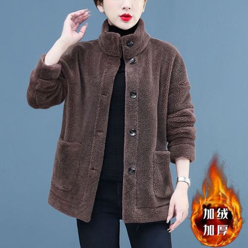 摇粒绒外套女冬2021年新款宽松女士休闲高领颗粒绒冬装气质大衣