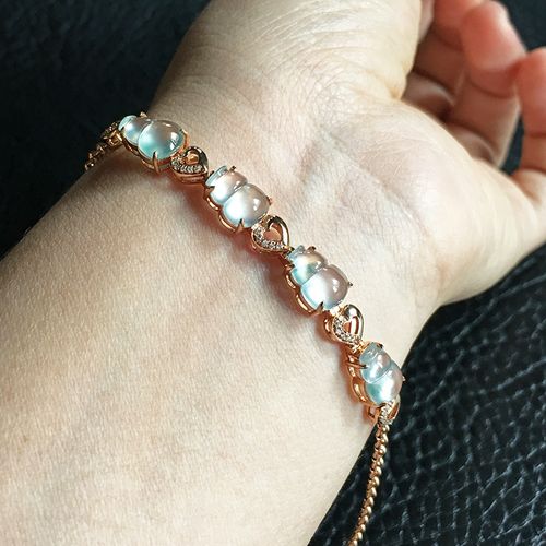 高档冰种起光天然a货翡翠玉石葫芦手链18k镶嵌金链子手串女款q574