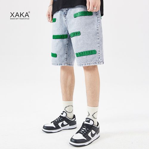 xaka 夏季新品重工水洗毛巾绣短裤男宽松直筒牛仔五分裤美式潮ins
