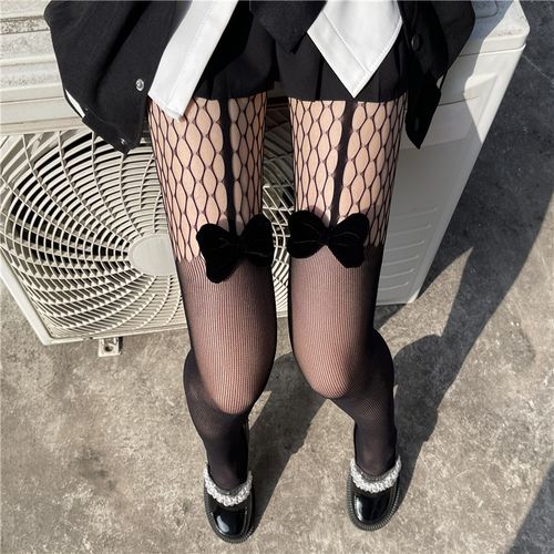 饰外淘缘 纯欲蝴蝶结丝袜女性感黑丝网红款吊带连裤袜子jk渔网袜
