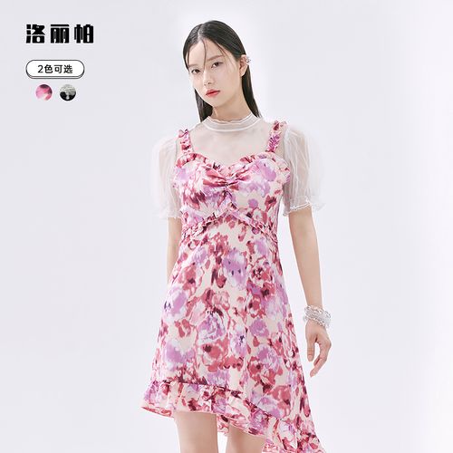 洛丽帕甜美女装2022夏装新品花边小v领吊带裙不规则裙摆a字裙显瘦