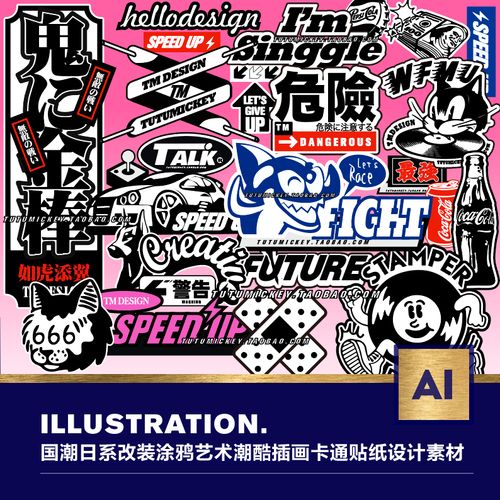 国潮日系改装涂鸦艺术潮酷滑板电脑插画卡通装饰贴纸ai设计素材