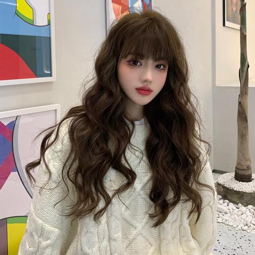 假发女长发长卷发网红羊毛卷玉米烫自然空气刘海圆脸蓬松全头套式