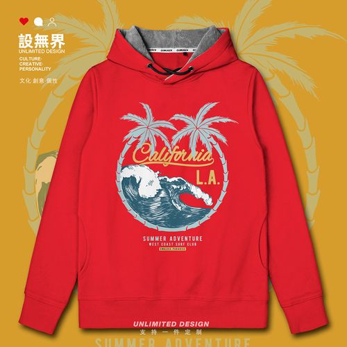 设无界 加州california狂浪椰子树连帽卫衣男女个性插画套头帽衫