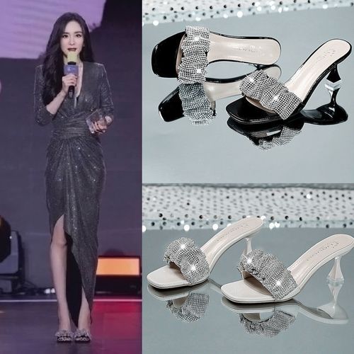 杨幂明星同款大王凉拖鞋女夏2021新款细跟高跟鞋水钻时尚外穿拖鞋