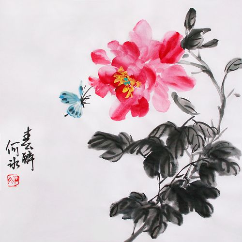 何冰国画牡丹小品斗方装饰画手绘字画水墨挂画无框装饰画宣纸画芯