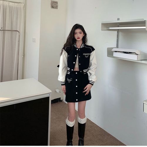 joeyjoy酒一学院风套装女2021年新款秋冬甜酷棒球服半身裙两件套