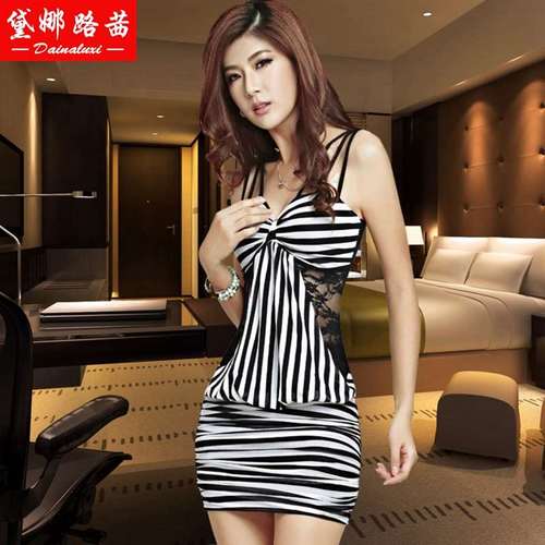 正品夜店性感修身显瘦包臀蕾丝透明女装吊带条纹连衣裙桑拿技师工