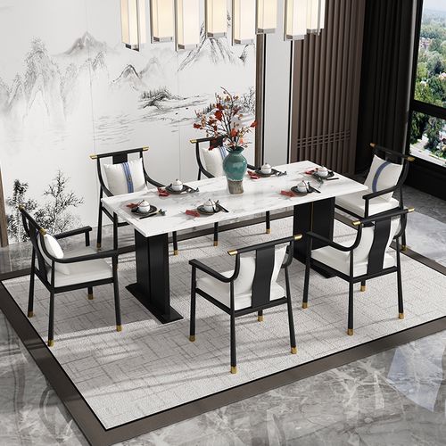 新中式餐桌椅大理石轻奢高端长方形现代餐厅简约家用1.6m饭桌家具