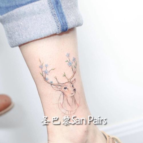 手绘彩色麋鹿纹身贴防水男女持久仿真韩国小清新脚踝花朵鹿头刺青