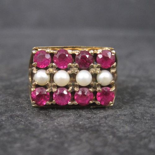 vintage古董1930年代古着孤品珠宝饰品10k黄金镶嵌红宝石珍珠戒指