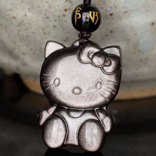天然银曜石小喵咪吊坠水晶猫坠hello kitty凯蒂猫项链女时尚饰品