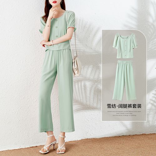 21年夏季雪纺小衫衬衫上衣 九分阔腿裤休闲裤两件套女式套装