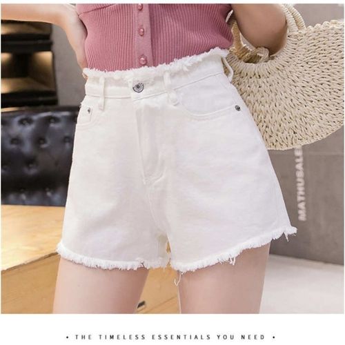 夏季新款韩国高腰女士白色牛仔短裤女毛边阔腿裤学生女装裤子