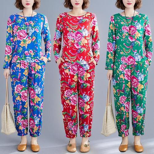 秋季新款棉绸东北大花长袖套装女时尚可外穿两件套宽松大码束脚裤