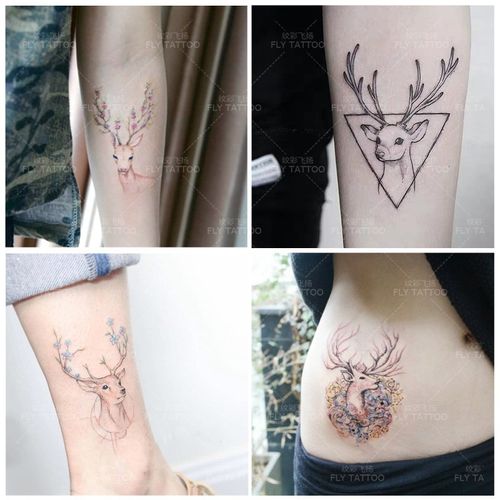 鹿纹身贴防水图案ins鹿角弥鹿持久创意女脚踝手臂 小清新纹身贴纸